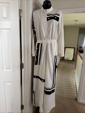 Hot & Delicious White Maxi Jumpsuit with Black Graphic Stripes